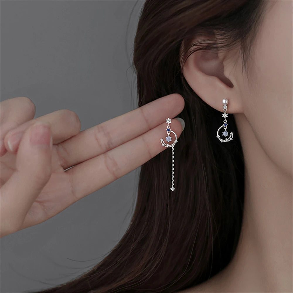 Korean Exquisite Planet Moon Butterfly Tassel Earrings for Women Sparkling Crystal Asymmetrical Drop Earrings Girl Party Jewelry