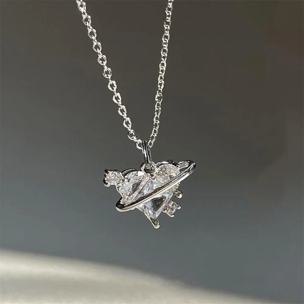 Y2k Heart Star Pendant Necklace Women's Fashion Cool Silver Color Chain Necklace Rhinestone Clavicle Chain Daily Jewlery Gifts