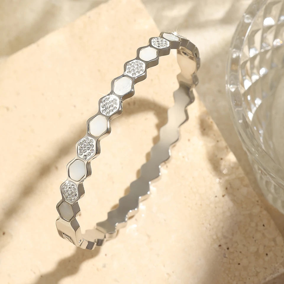 UILZ 316L Stainles Steel Open Hexagon Bracelet For Women High-quality Exquisite Zircon Inlay Simple Not Fading Bracelet Jewelry