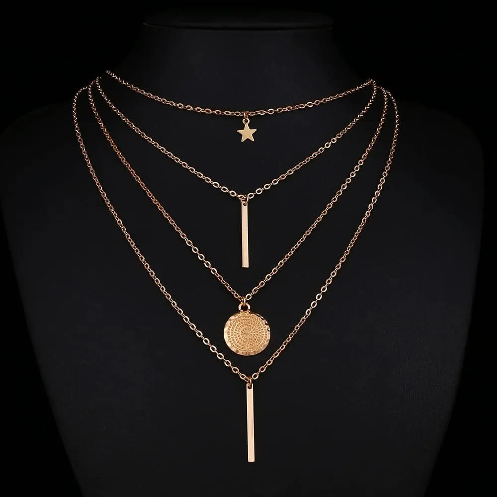 Layers Choker Necklace 14K Gold Silver Plated Y Pendant Necklace Multilayer Bar Necklace Adjustable Layer Necklace for Women