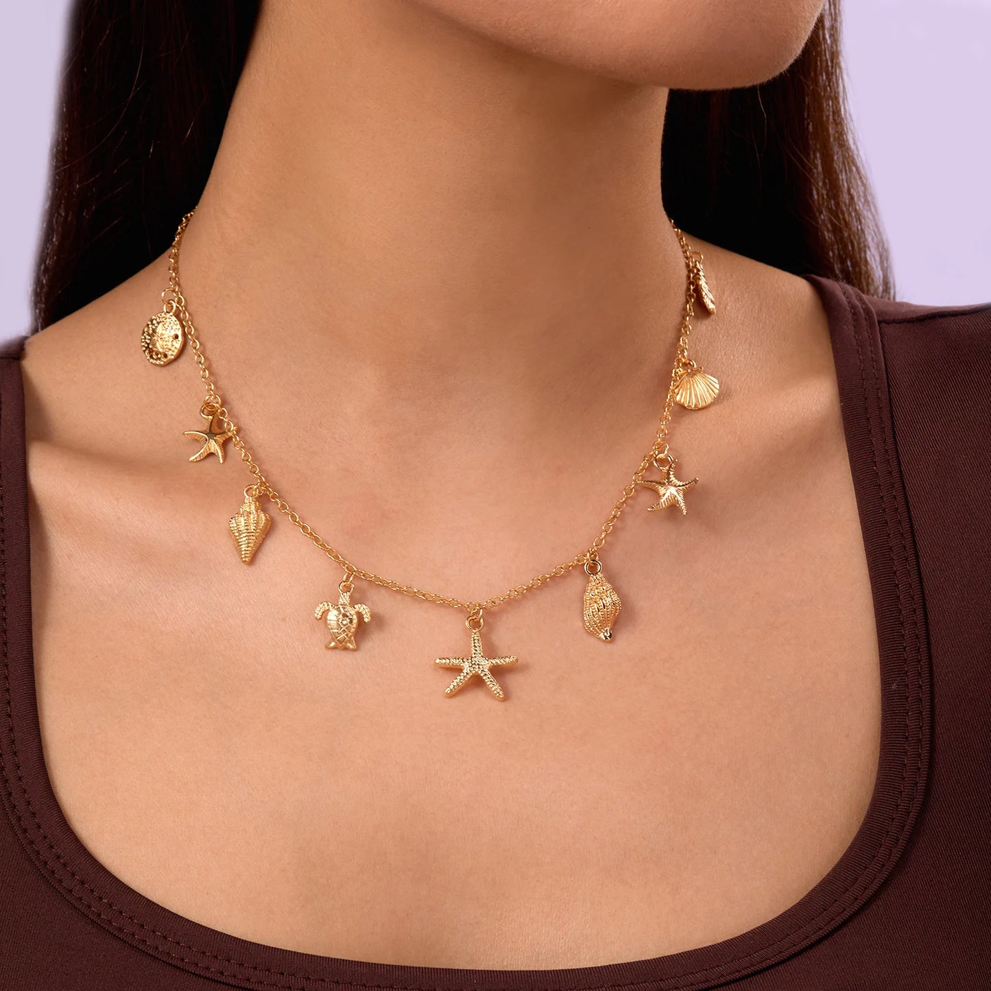 Bohemian Starfish Shell Conch Turtle Pendant Necklace for Women Imitation Pearl Charm Chain Necklace Beach Jewelry Vacation Gift