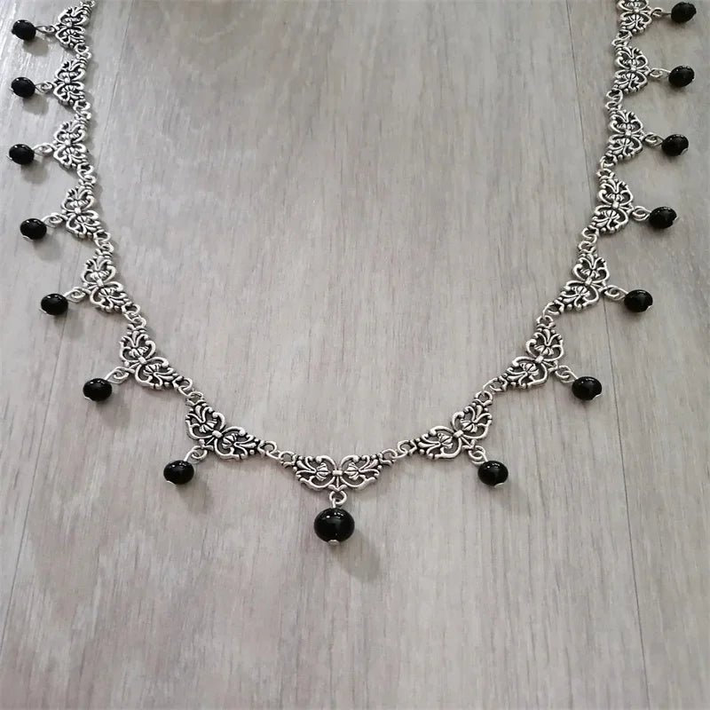 Black onyx necklace, gemstone, black, goth, gothic, victorian, witchy, wicca, pagan, medieval