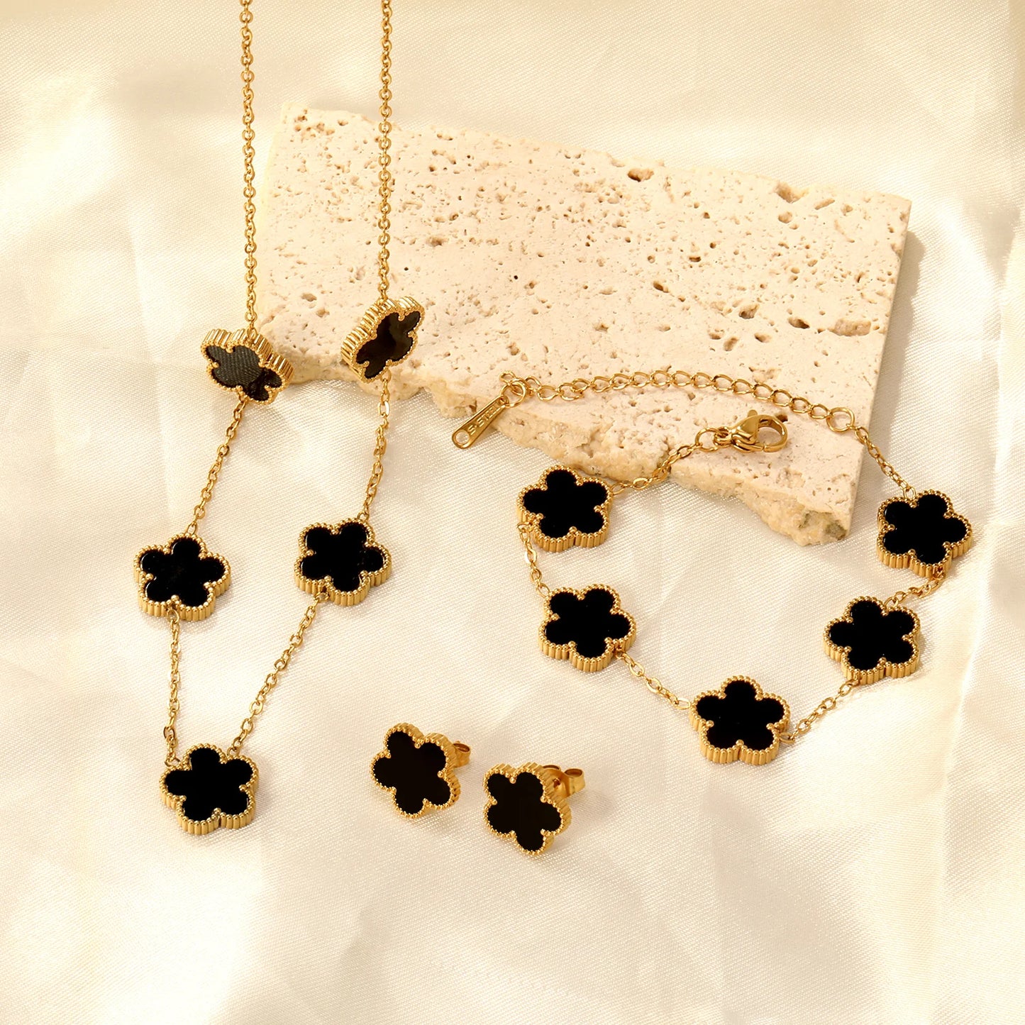 LUXUSTEEL Pendant Earnail Chain Bracelet Set Flower Shaped Stainless Steel Pendants Necklace Earring Sets Necklace Jewelry Gift