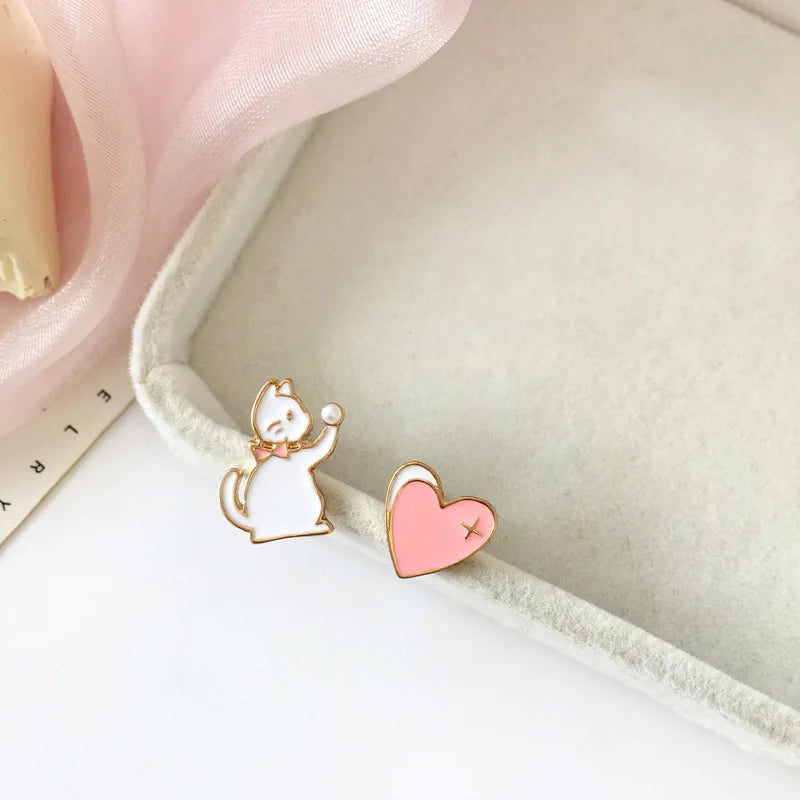 Kids Asymmetric Animal Cat Love Heart Earrings Lovely Grey Mouse&Cheese Rabbit&Flower Ear Stud Earrings Student Jewelry Gifts