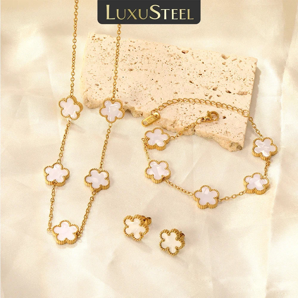 LUXUSTEEL Pendant Earnail Chain Bracelet Set Flower Shaped Stainless Steel Pendants Necklace Earring Sets Necklace Jewelry Gift