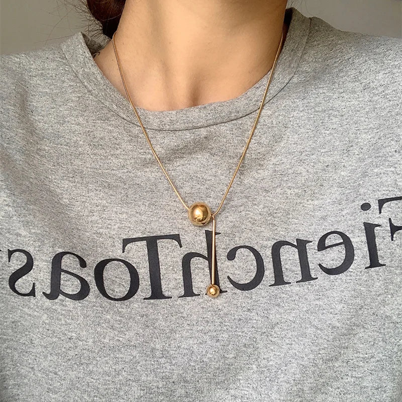 Classic Design Double Golden Round Bead Pendant Necklace Women's Fashion Titanium Steel Bead Choker Luxury Party Jewelry Gift