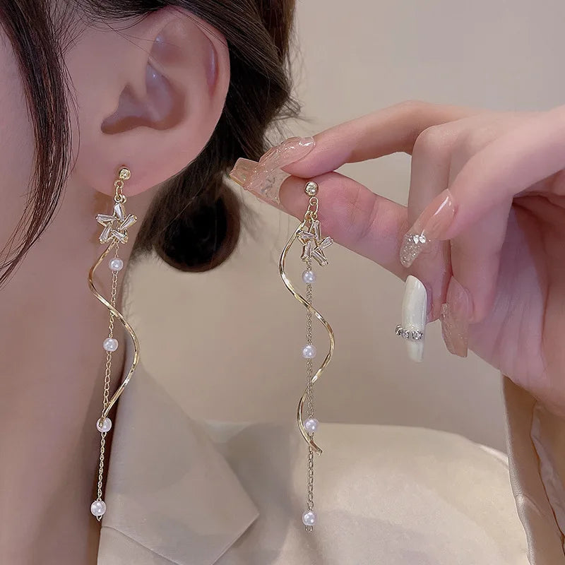 Temperament Crystal Star Tassel Drop Earrings For Women New Long Ear Line Bowknot Leaves Earrings Girls Wedding Party Jewelry