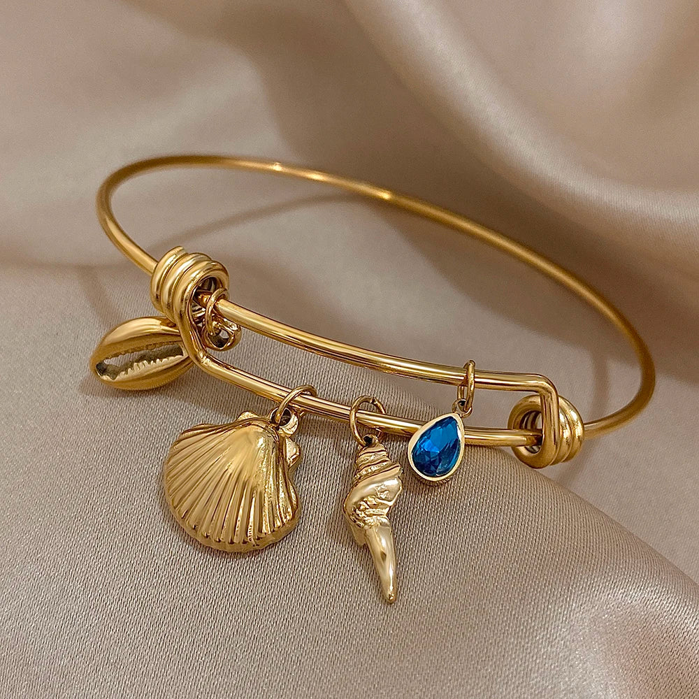 Greatera Gold Color Conch Shell Charm Stainless Steel Adjustable Bracelets Bangles for Women Ocean Animal Bracelet Beach Jewelry