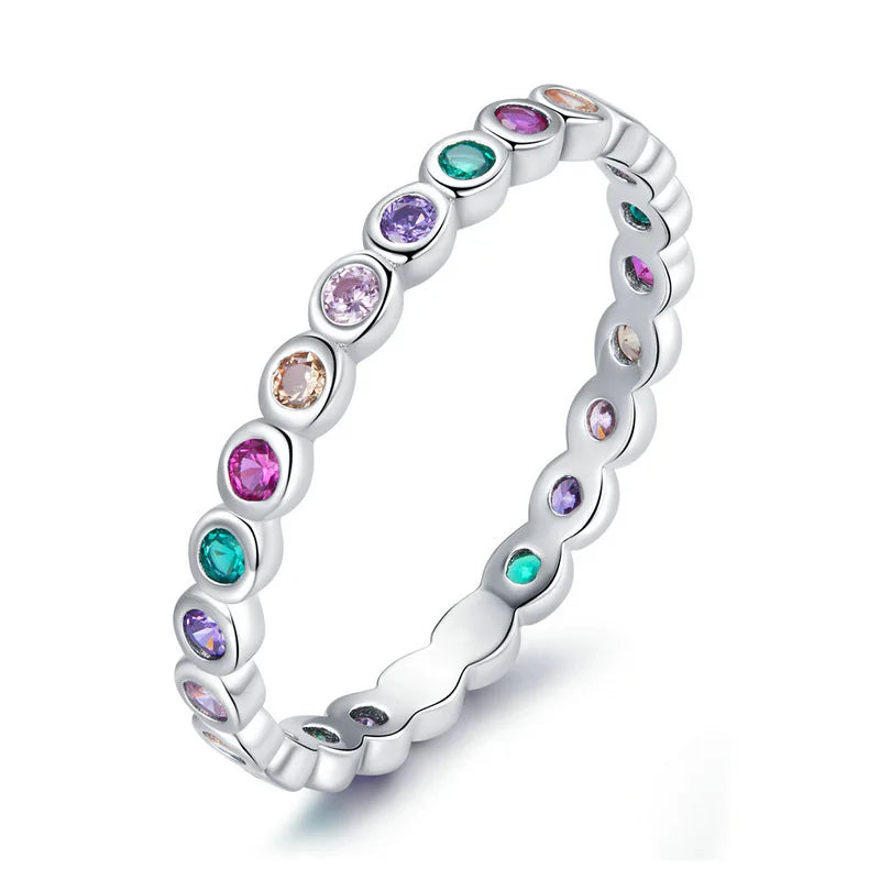 Simple Thin Dainty Rings for Women Colorful Round Zircon Silver Color Stacking Pinky Ring Female Jewelry Wholesale Gifts KCR039
