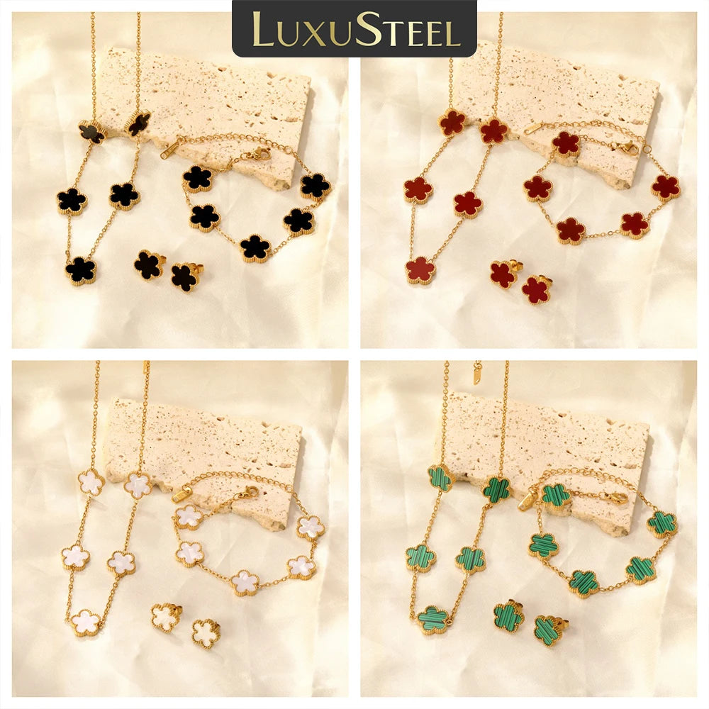 LUXUSTEEL Pendant Earnail Chain Bracelet Set Flower Shaped Stainless Steel Pendants Necklace Earring Sets Necklace Jewelry Gift