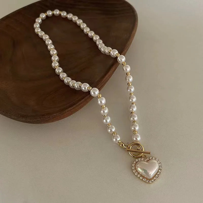 Elegant Pearl Necklace For Women Heart Pendant Necklaces Luxury Imitation Pearls Chain Necklaces Korean Jewelry Girls Gifts
