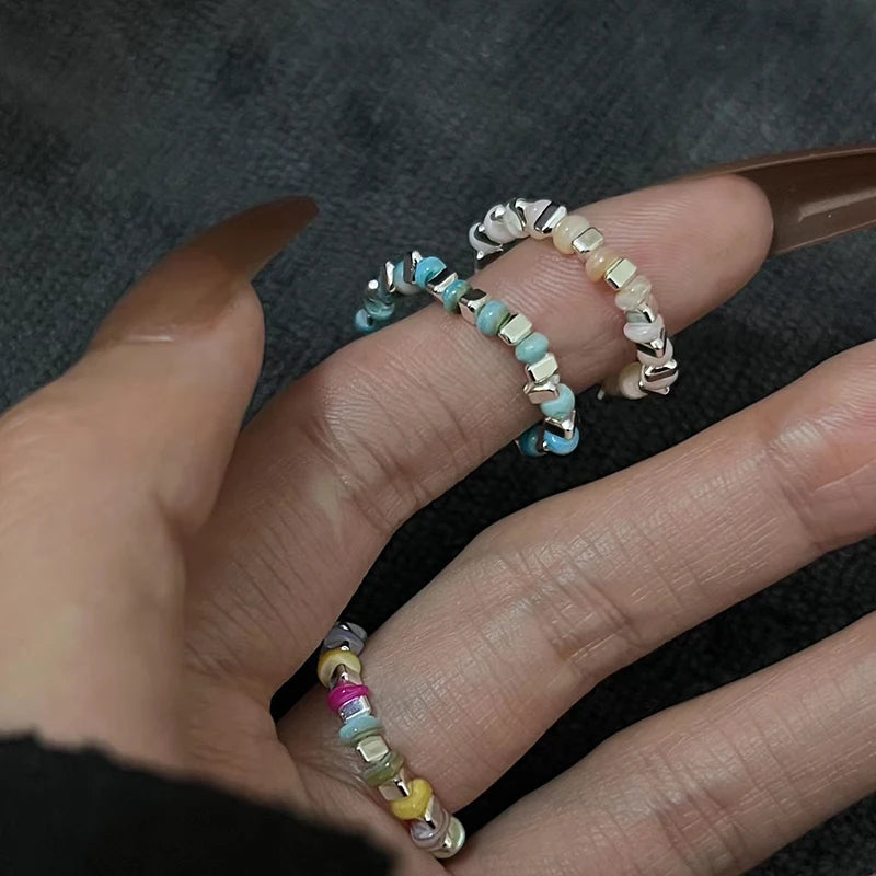 New Colorful Beaded Ring for Women Girls Sweet Personality Irregular Multi Beaded Rice Beads Geometry Metal Rings Jewelry Gifts