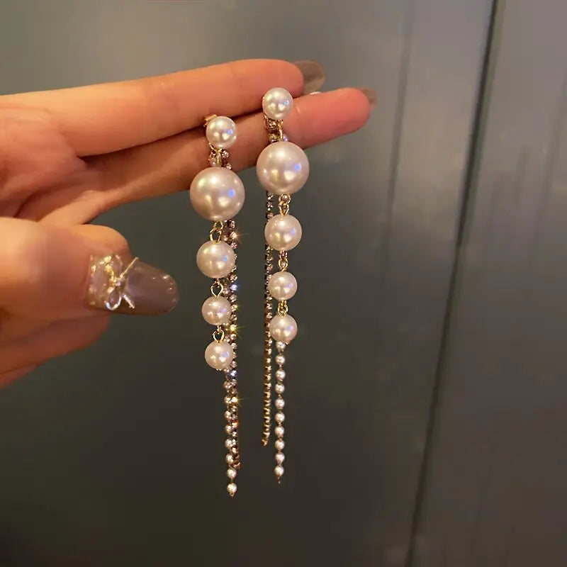 Korean Exquisite Imitation Pearl Tassel Drop Earring For Women Shiny  Zircon Flower Leaf Long Ear Line Geometric Earring Jewelry