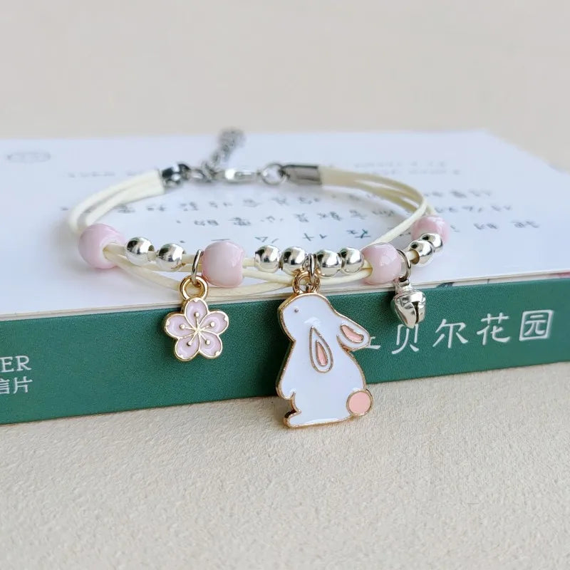 Korean Rabbit Flower Rope Bracelet for Women Girls Fashion Woven String Bell Heart Airplane Beads Friendship Party Jewelry Gifts
