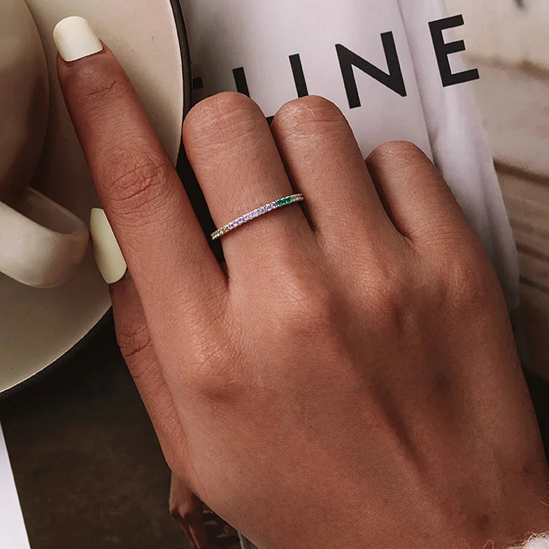 Simple Thin Dainty Rings for Women Colorful Round Zircon Silver Color Stacking Pinky Ring Female Jewelry Wholesale Gifts KCR039
