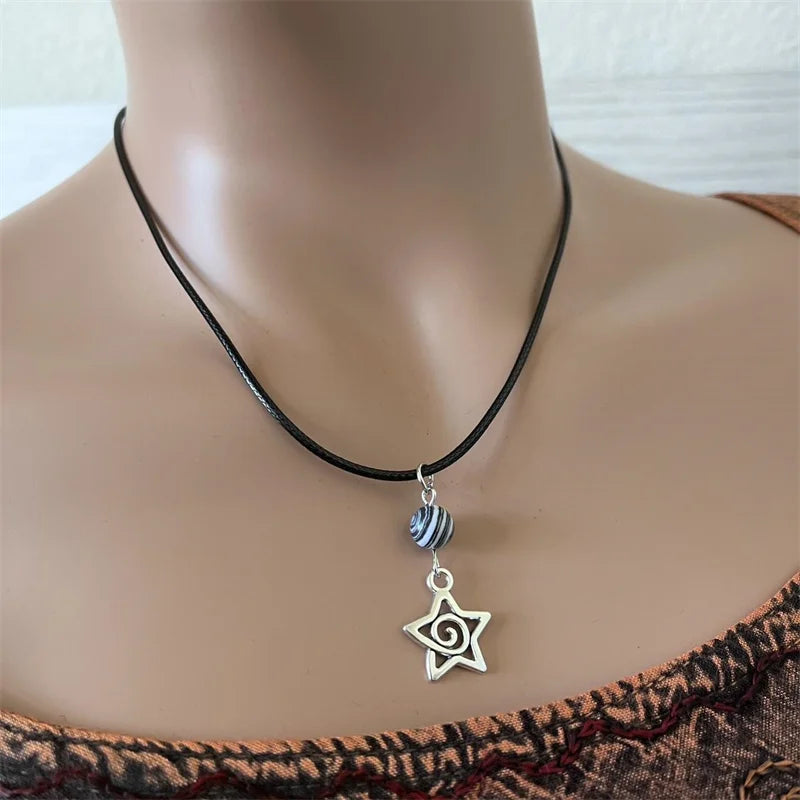 Black cord necklace, star charm, swirl, lobster clasp, adjustable, 18 inch,celestial gift