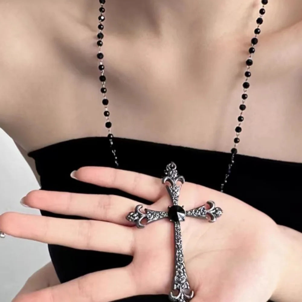 Vintage Fashion Double-layer Flower Necklace Long Stackable Sweater Chain Y2K Style Beaded Geometric Necklace