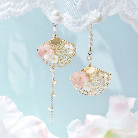 Vintage Chinese Style Flower Fan Earrings for Women Cute Asymmetrical Crane Cat Drop Earring 2022 New Trend Charm Jewelry