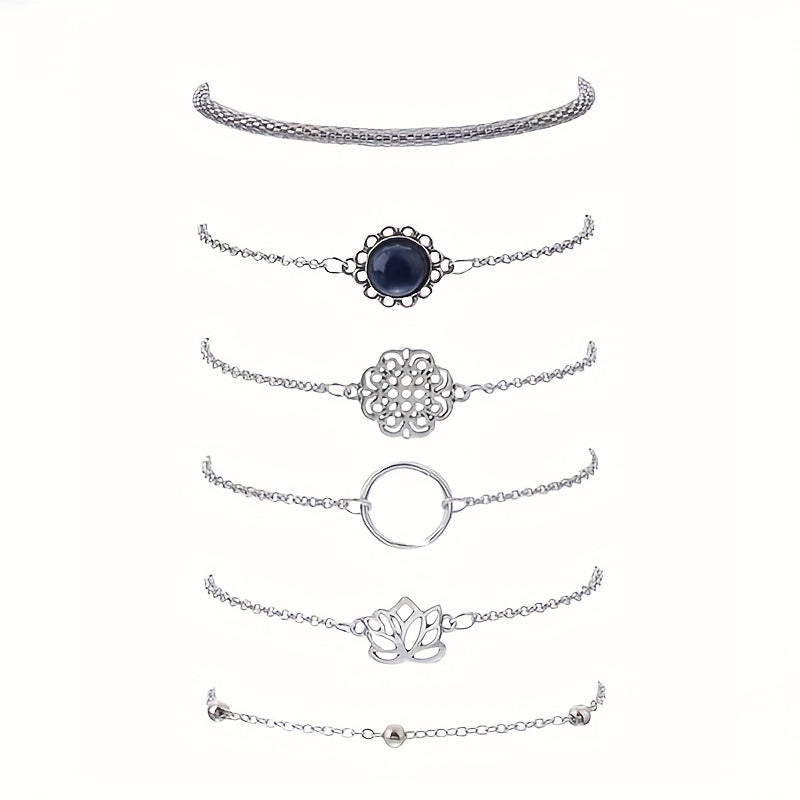 Six-piece Bohemian Ethnic Style Personalized Bracelet Set with Simple Hollow Lotus Leaf Round Stone Flower Pieces