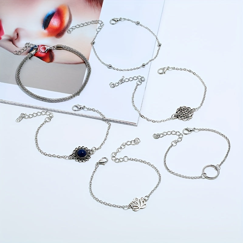 Six-piece Bohemian Ethnic Style Personalized Bracelet Set with Simple Hollow Lotus Leaf Round Stone Flower Pieces