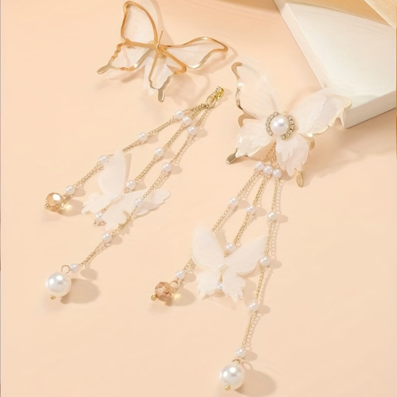 Elegant Butterfly Tassel Earrings with Crystal & Faux Pearl Accents, 925 Silver Posts - Perfect for Casual Attire or Parties, Pearl, Earrings, Elegant Style