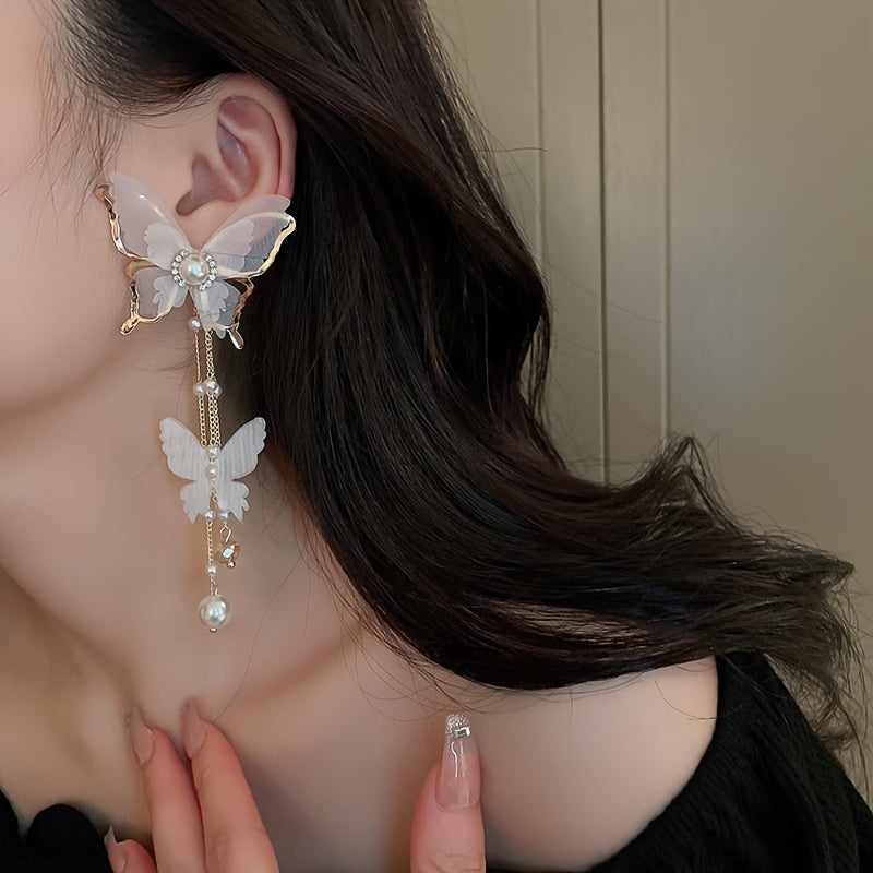 Elegant Butterfly Tassel Earrings with Crystal & Faux Pearl Accents, 925 Silver Posts - Perfect for Casual Attire or Parties, Pearl, Earrings, Elegant Style