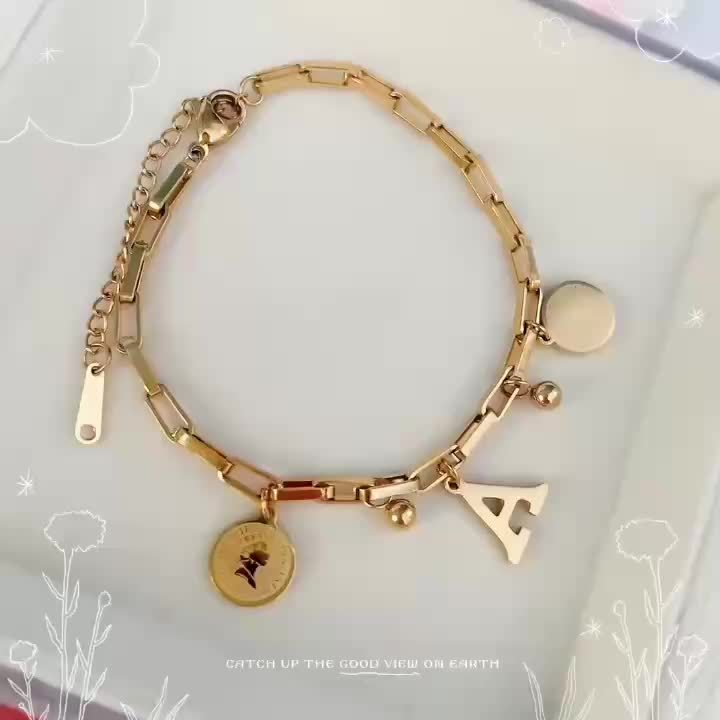 [Popular Choice] 1pc Chic Golden-Toned Stainless Steel Bracelet for Women - Hip-Hop Inspired with "S" Letter & Round Charms - Ideal Gift for Girls, Family & Friends - Exquisite Jewelry Accessory