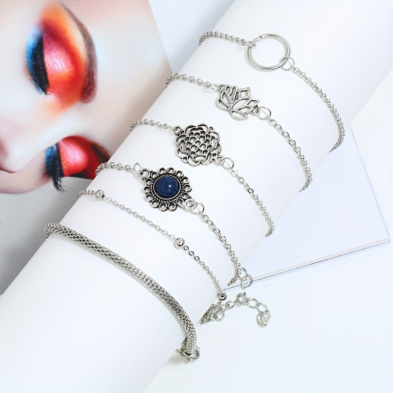 Six-piece Bohemian Ethnic Style Personalized Bracelet Set with Simple Hollow Lotus Leaf Round Stone Flower Pieces