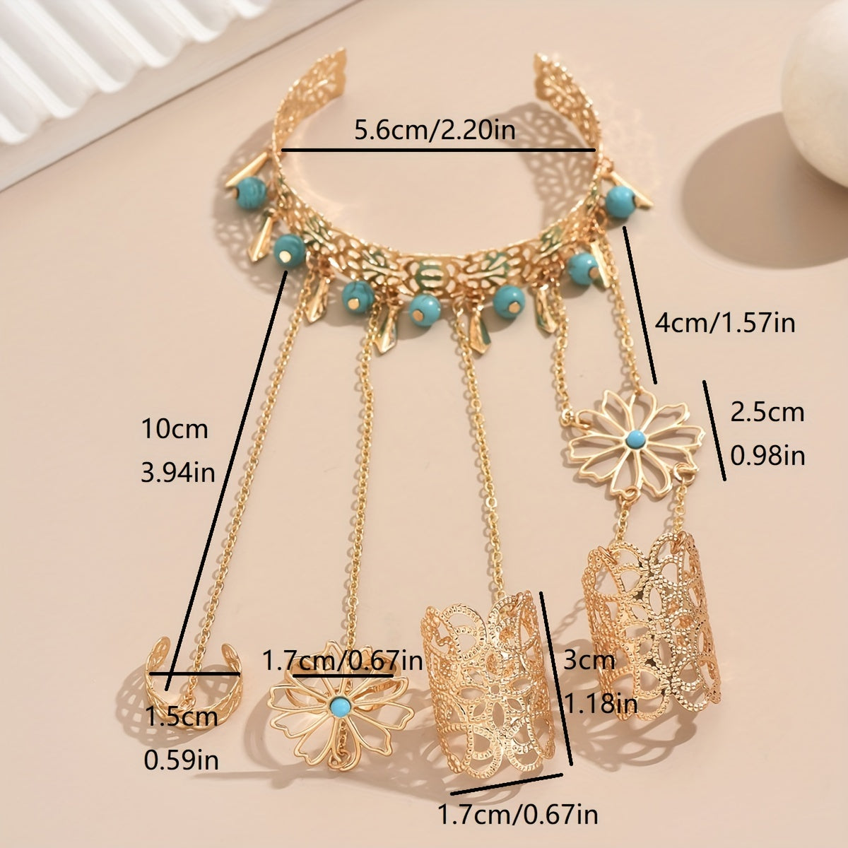 Boho-Chic Golden Hollow Floral Finger Bracelet with Blue Turquoise Tassel - Alloy, Resin Inlay for Vacation & Party Wear