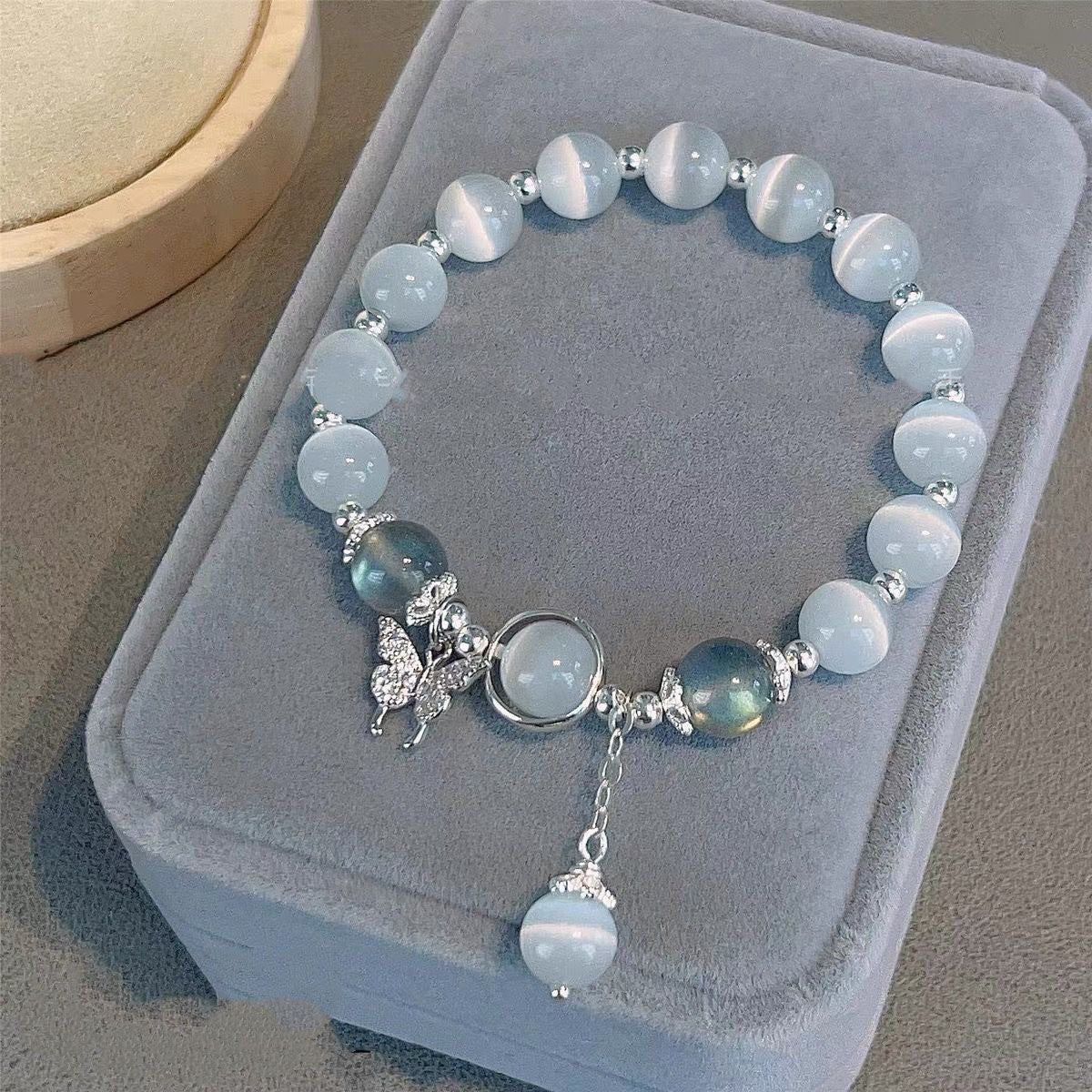 Cute Glass Cat Eye Stone Star Butterfly Decor Bracelet, Elegant Gray Bracelet For Girls, Ideal choice for Gifts