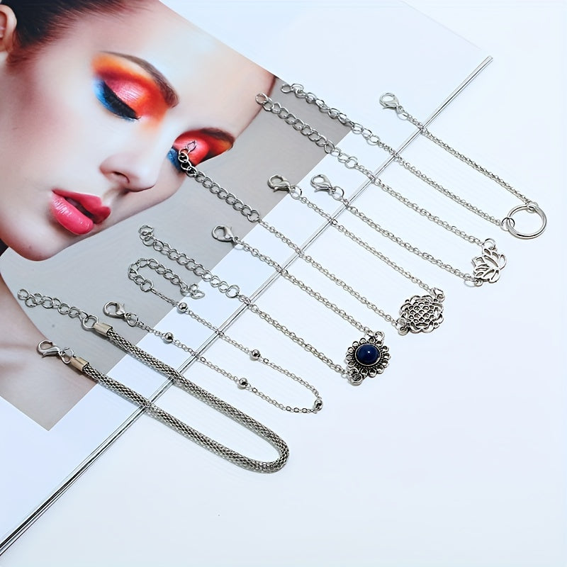 Six-piece Bohemian Ethnic Style Personalized Bracelet Set with Simple Hollow Lotus Leaf Round Stone Flower Pieces
