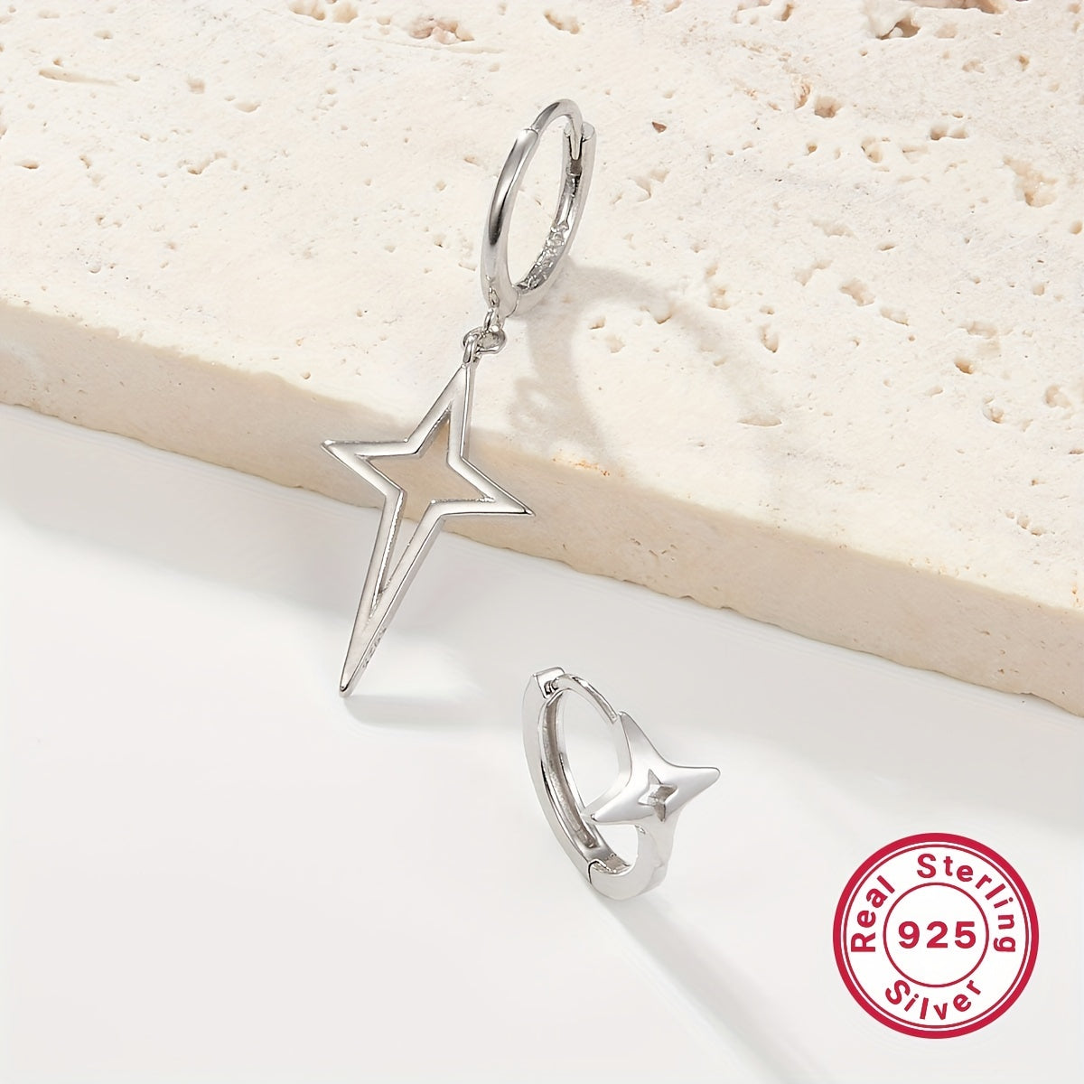 925 Sterling Silver Nickel-Free Hypoallergenic Hoop Earrings - Dazzling Asymmetric Star Design, Elegant Punk Style - Unique, Comfort-Fit for Trendsetting Women
