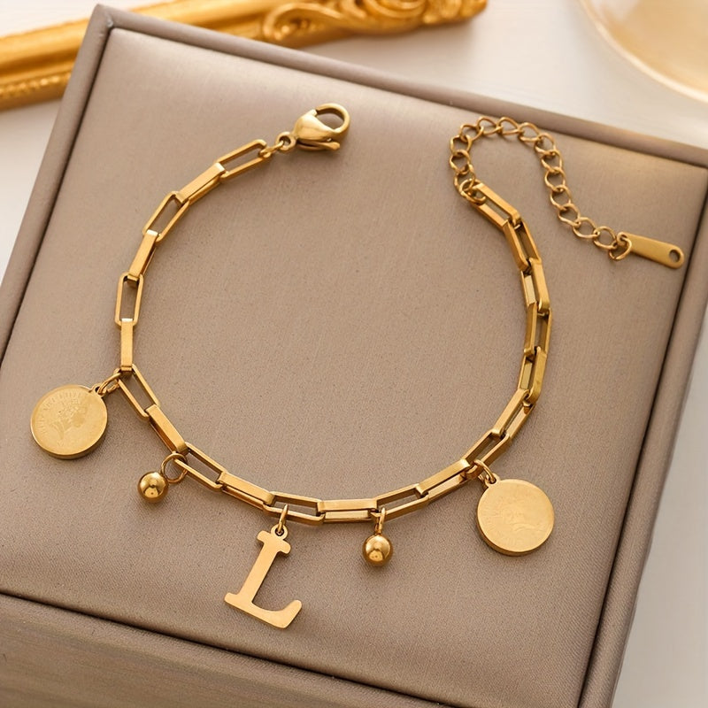 [Popular Choice] 1pc Chic Golden-Toned Stainless Steel Bracelet for Women - Hip-Hop Inspired with "S" Letter & Round Charms - Ideal Gift for Girls, Family & Friends - Exquisite Jewelry Accessory