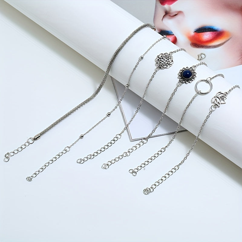 Six-piece Bohemian Ethnic Style Personalized Bracelet Set with Simple Hollow Lotus Leaf Round Stone Flower Pieces