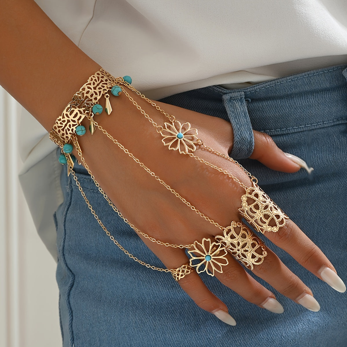Boho-Chic Golden Hollow Floral Finger Bracelet with Blue Turquoise Tassel - Alloy, Resin Inlay for Vacation & Party Wear