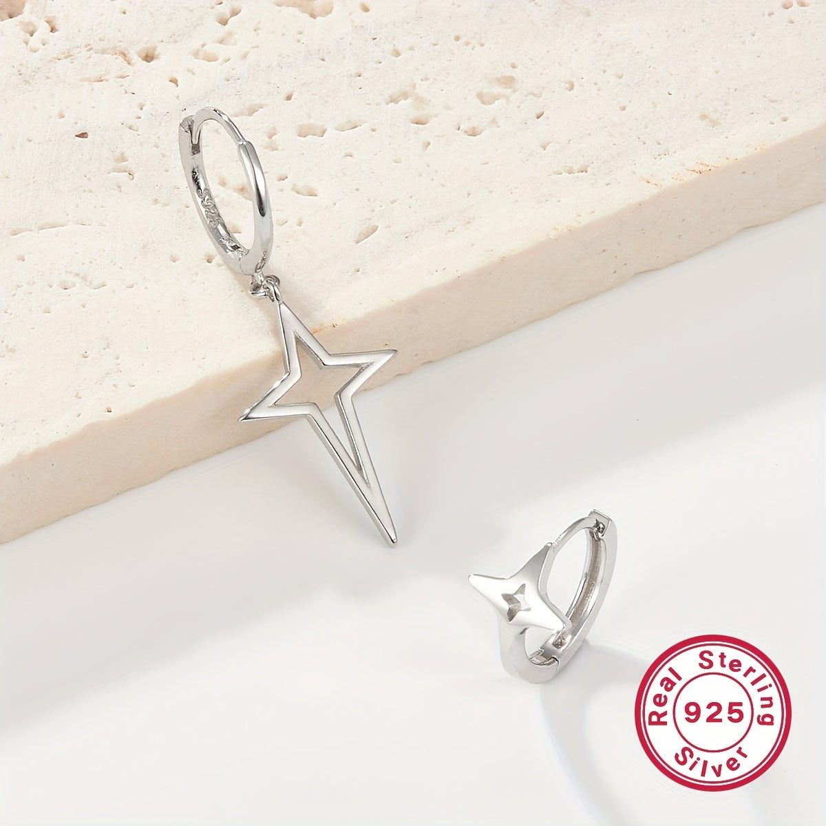 925 Sterling Silver Nickel-Free Hypoallergenic Hoop Earrings - Dazzling Asymmetric Star Design, Elegant Punk Style - Unique, Comfort-Fit for Trendsetting Women