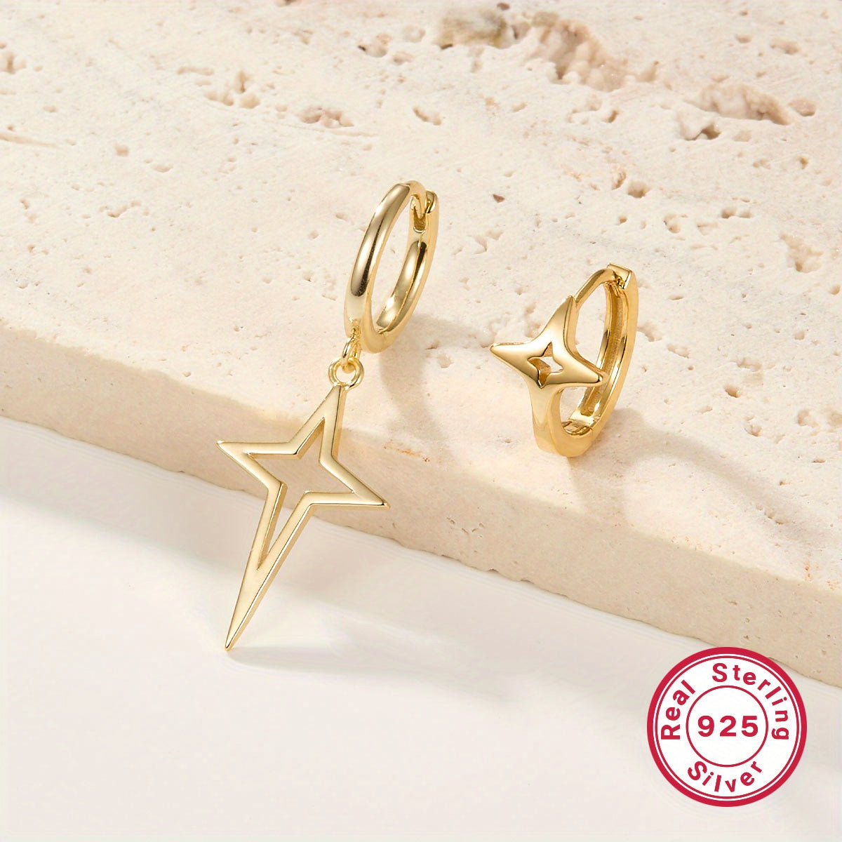 925 Sterling Silver Nickel-Free Hypoallergenic Hoop Earrings - Dazzling Asymmetric Star Design, Elegant Punk Style - Unique, Comfort-Fit for Trendsetting Women