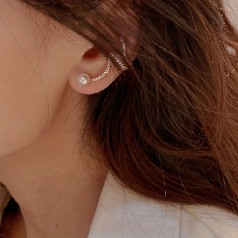 One Pair of Exquisite 925 Sterling Silver Needle Faux Pearl Stud Earrings with Ear Clips - Unique, Elegant, and Durable Jewelry for Women, Perfect for Banquet, Party, or Daily Wear Decor