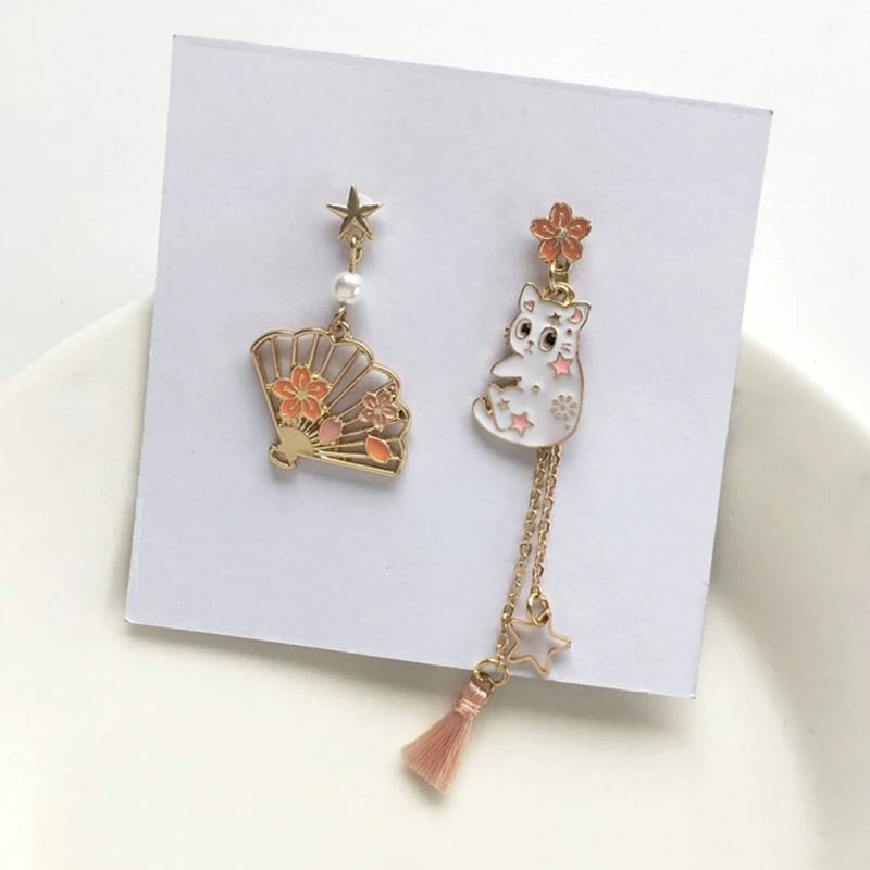 Vintage Chinese Style Flower Fan Earrings for Women Cute Asymmetrical Crane Cat Drop Earring 2022 New Trend Charm Jewelry