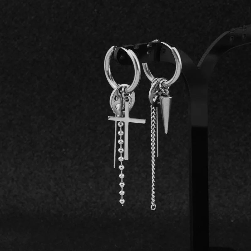 1 PC Boy Korean Punk Stainless Steel Cross Hoop Earring For Men Long Chain Tassel Leaf Moon Rock Hip Hop Piercing Stud Jewelry