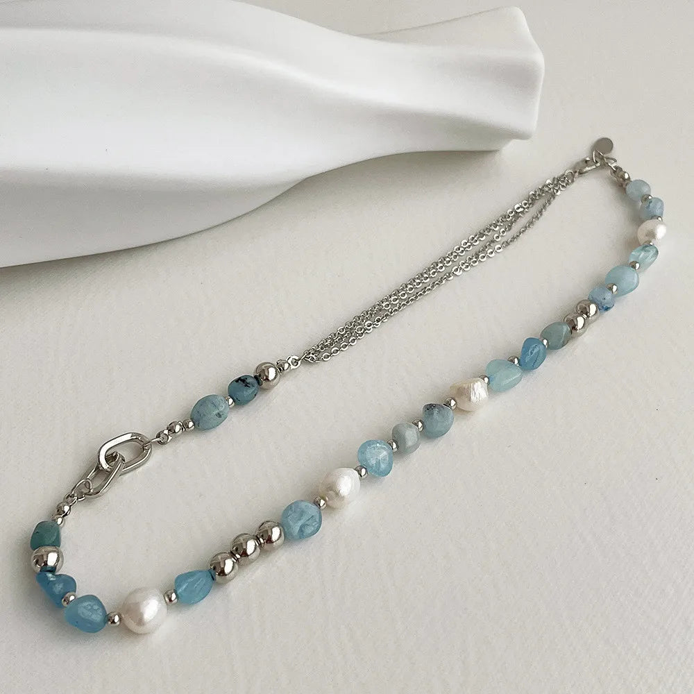 kshmir Natural stone blue crystal necklace baroque natural freshwater pearl niche design feeling fresh clavicle chain women