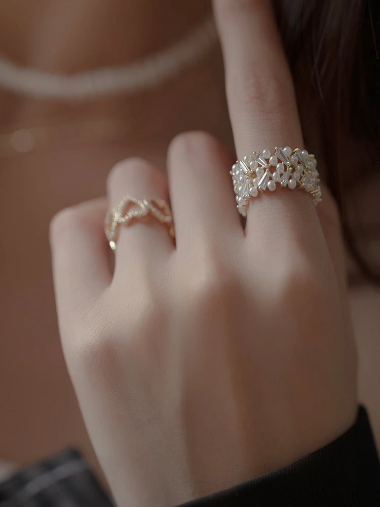 High Quality Pearl Zircon Gold Color Rings For Woman 2025 New Fashion Korean Jewelry Luxury Party Adjustable Unusual Girl's Ring