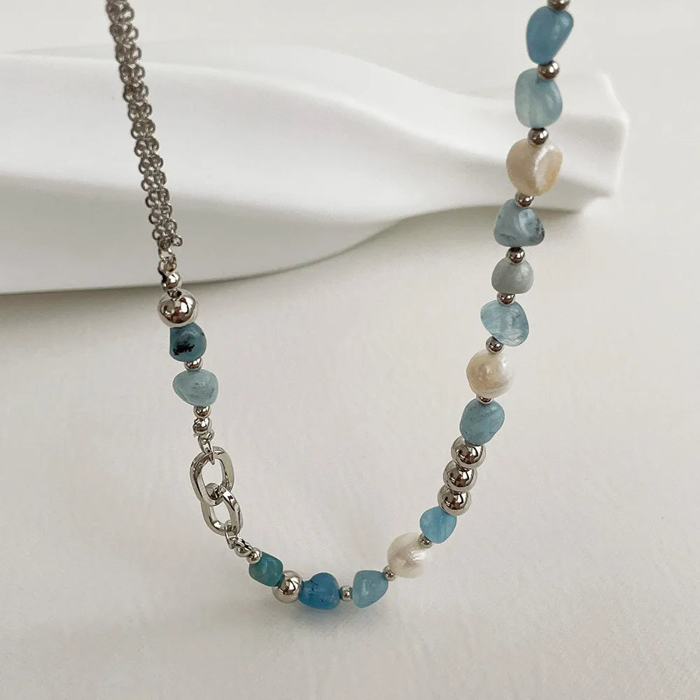 kshmir Natural stone blue crystal necklace baroque natural freshwater pearl niche design feeling fresh clavicle chain women