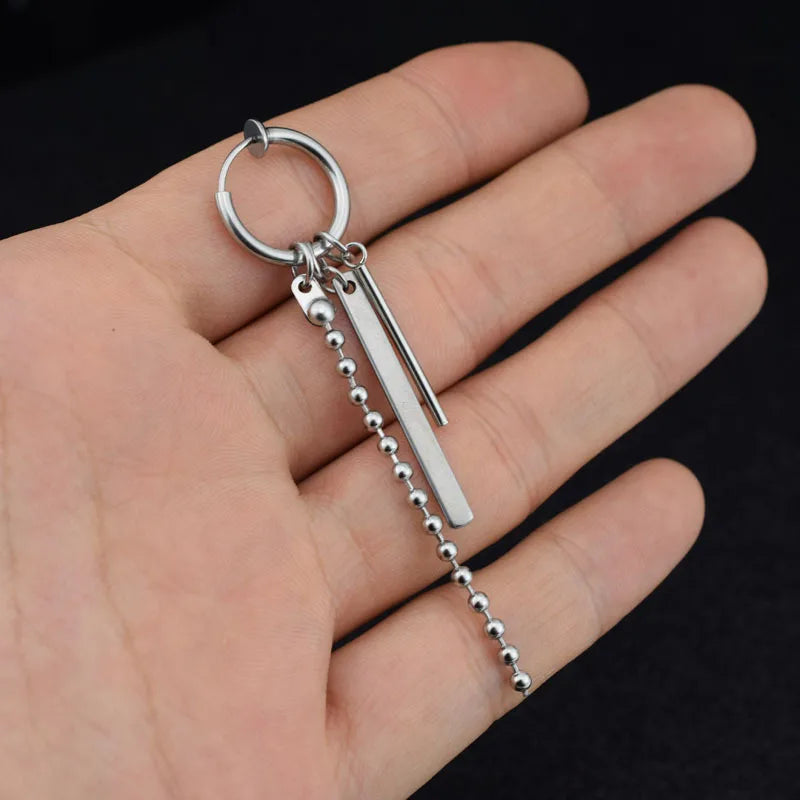 1 PC Boy Korean Punk Stainless Steel Cross Hoop Earring For Men Long Chain Tassel Leaf Moon Rock Hip Hop Piercing Stud Jewelry