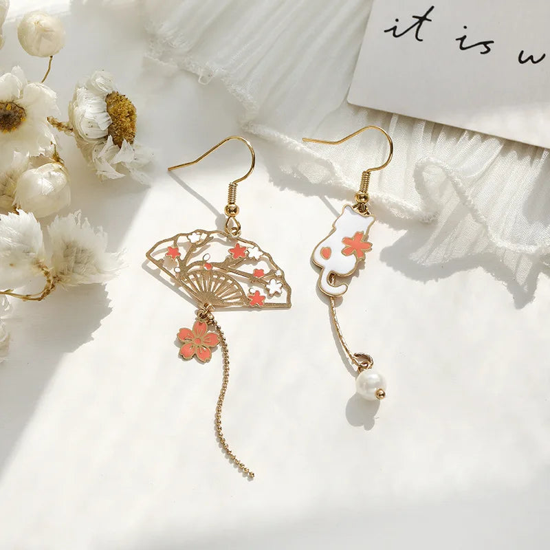 Vintage Chinese Style Flower Fan Earrings for Women Cute Asymmetrical Crane Cat Drop Earring 2022 New Trend Charm Jewelry