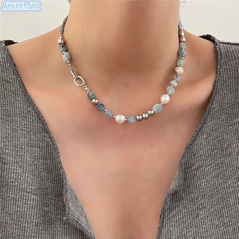 kshmir Natural stone blue crystal necklace baroque natural freshwater pearl niche design feeling fresh clavicle chain women