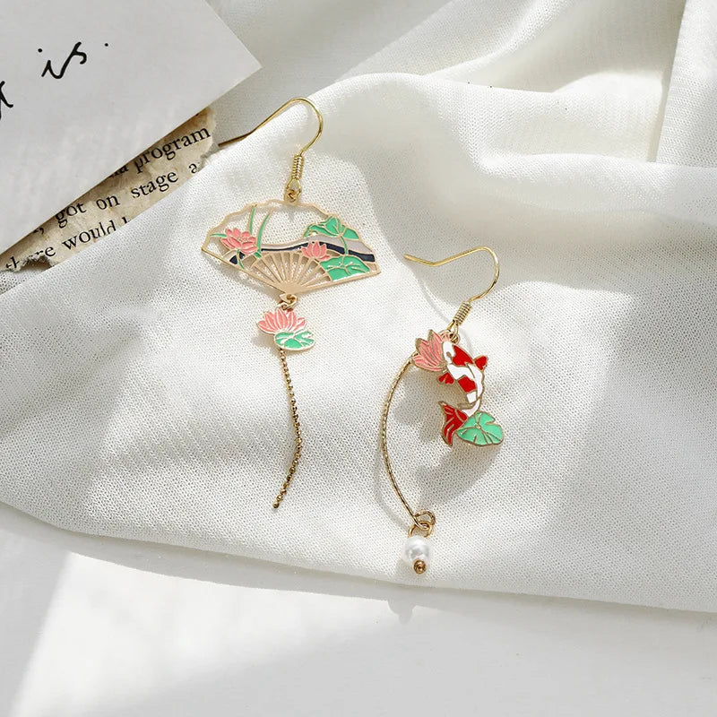 Vintage Chinese Style Flower Fan Earrings for Women Cute Asymmetrical Crane Cat Drop Earring 2022 New Trend Charm Jewelry