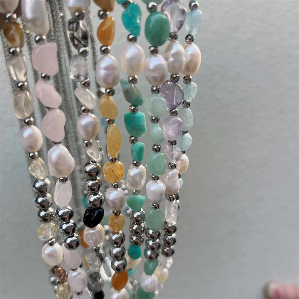 kshmir Natural stone blue crystal necklace baroque natural freshwater pearl niche design feeling fresh clavicle chain women