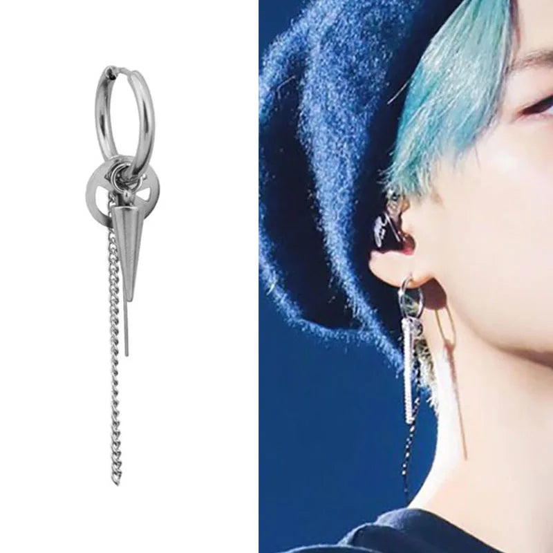 1 PC Boy Korean Punk Stainless Steel Cross Hoop Earring For Men Long Chain Tassel Leaf Moon Rock Hip Hop Piercing Stud Jewelry