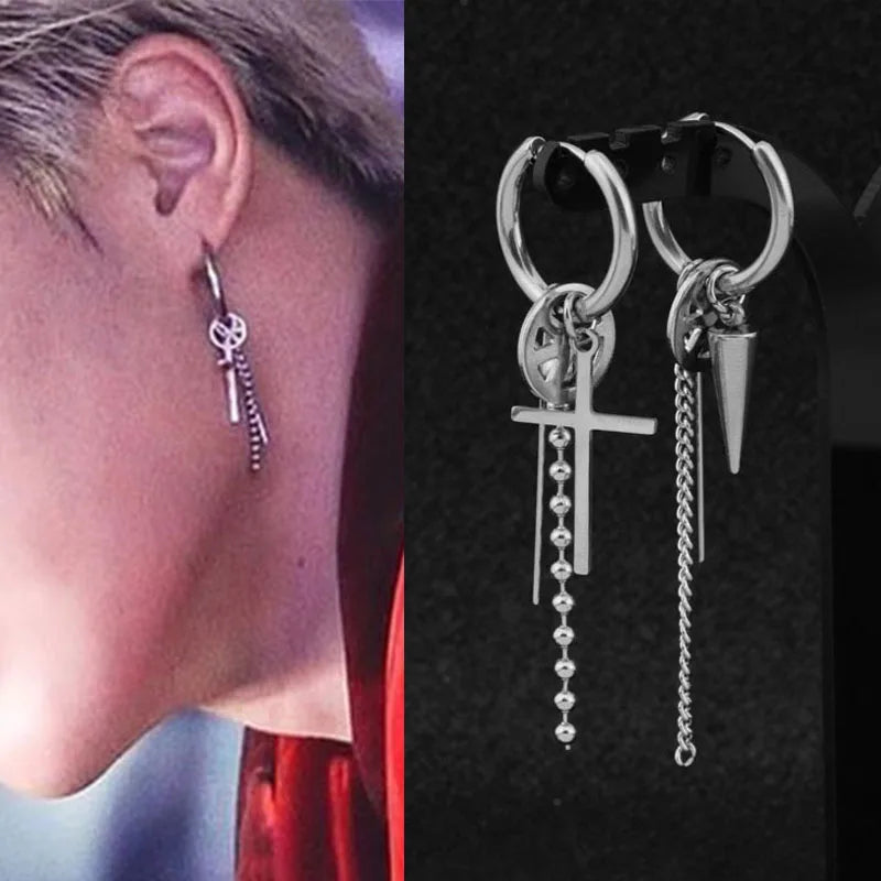 1 PC Boy Korean Punk Stainless Steel Cross Hoop Earring For Men Long Chain Tassel Leaf Moon Rock Hip Hop Piercing Stud Jewelry